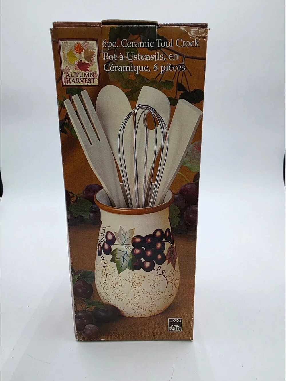 Autumn Harvest 6-Piece Ceramic Tool Crock with Wooden Utensils and Whisk